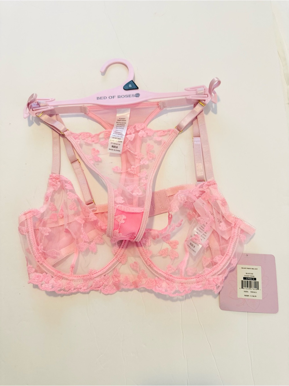 BED OF ROSES Heart Print Bra Lingerie Set KAY 103 Light Pink Size Small